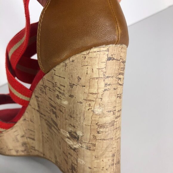 Merona Red Tan Stripe Elastic Straps Cork Wedge Summer‎ Sandals Sz 8.5 - Picture 13 of 14
